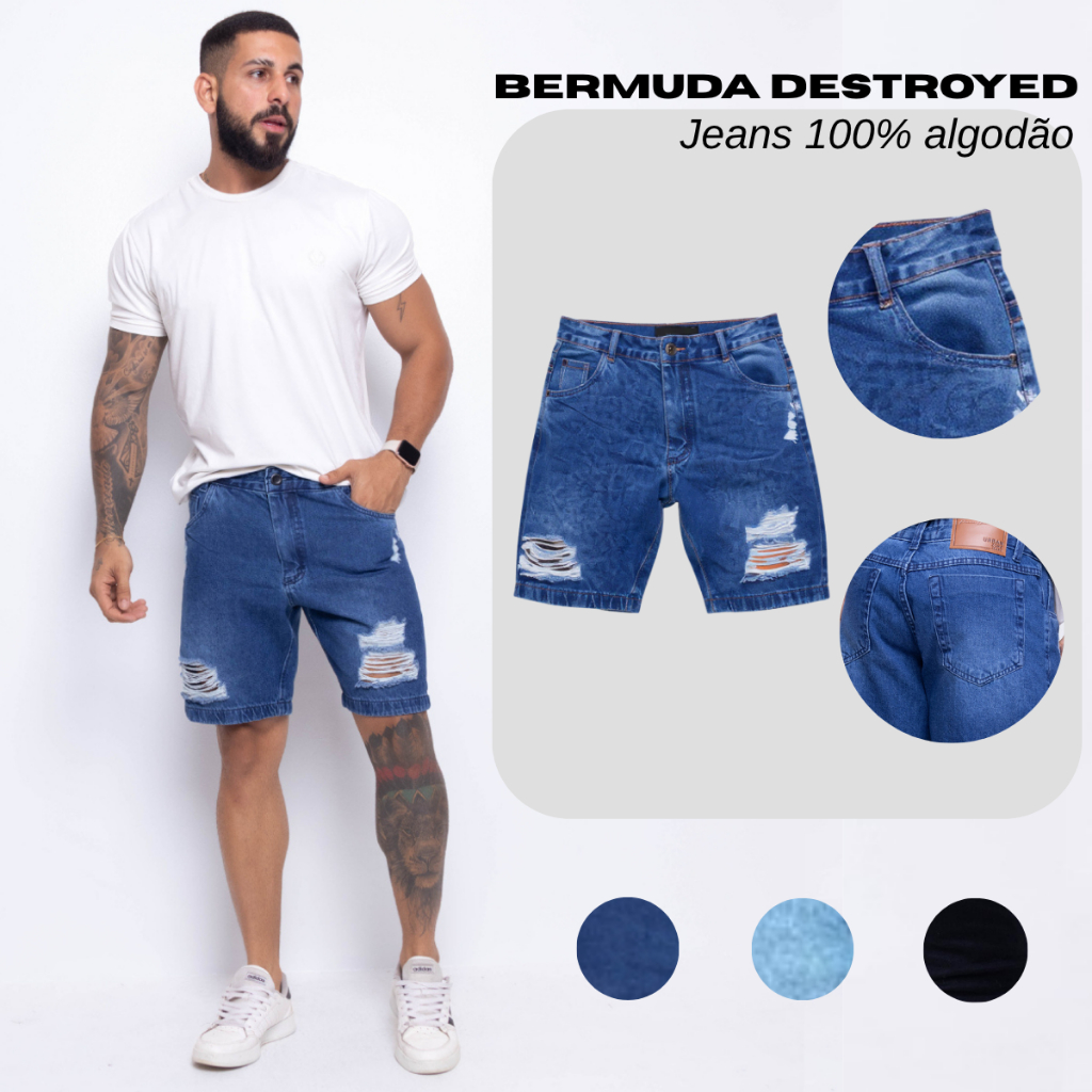 Bermuda Jeans Masculina Rasgada Destroyed Premium Short com Puidos em Oferta na Shopee