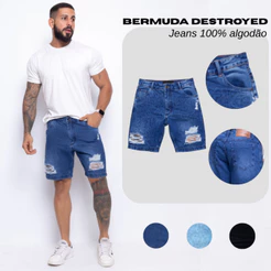 Bermuda Jeans Masculina Rasgada Destroyed Premium Short com Puidos