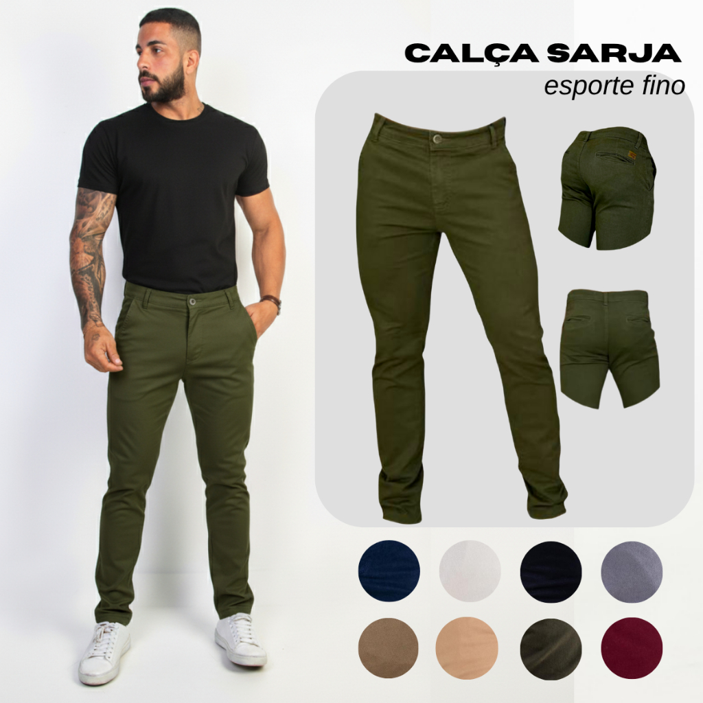 Calça de Sarja Premium Verde Militar Masculina Slim Fit com Lycra Calca jeans