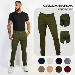 Calça de Sarja Premium Verde Militar Masculina Slim Fit com Lycra Calca jeans