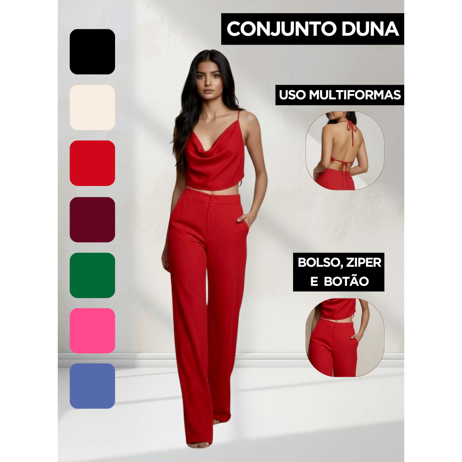 Conjunto Verão Feminino - Calça Pantalona + Blusa Cropped MultiFormas Duna Premium - P ao ...
