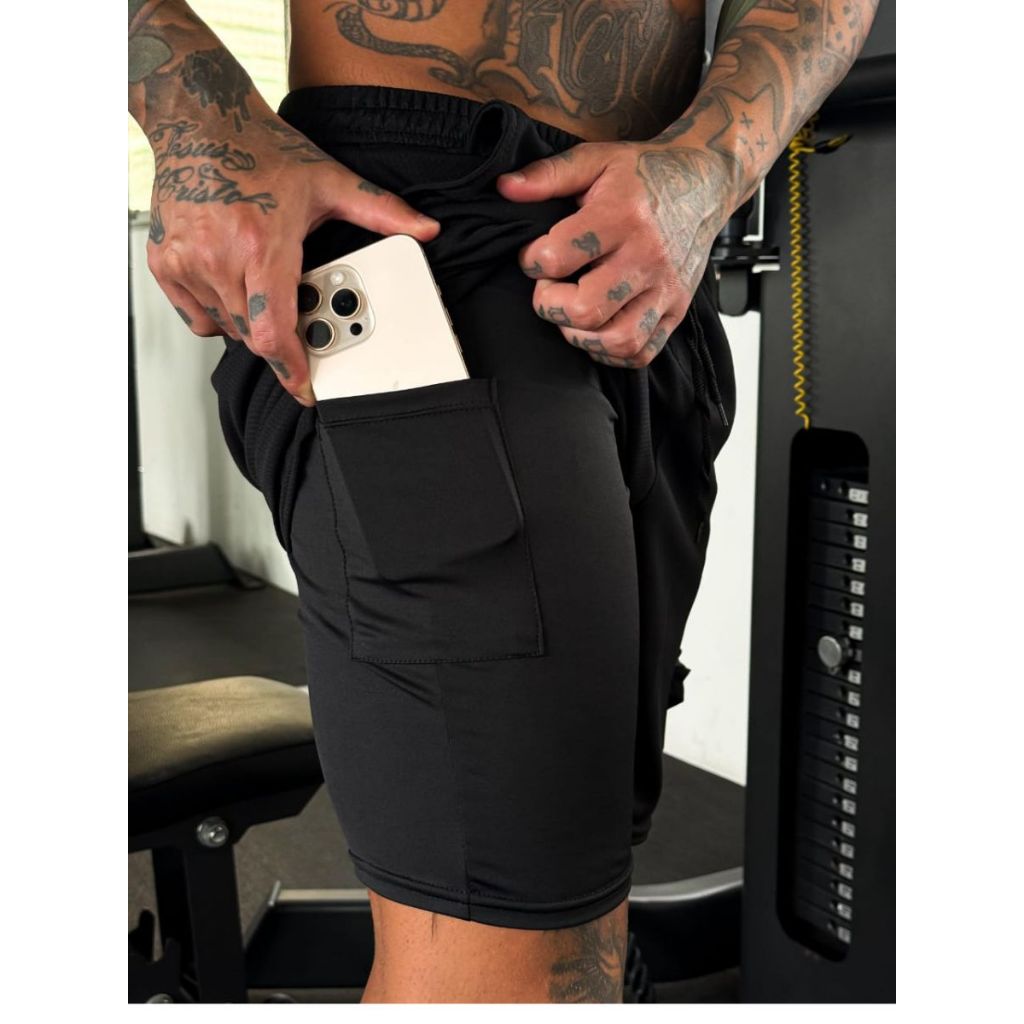 Short 2 em 1 Dry Duplo Bermuda Fitness Masculina Treino Corrida e Musculação com Elastano P ao GG em Oferta na Shopee
