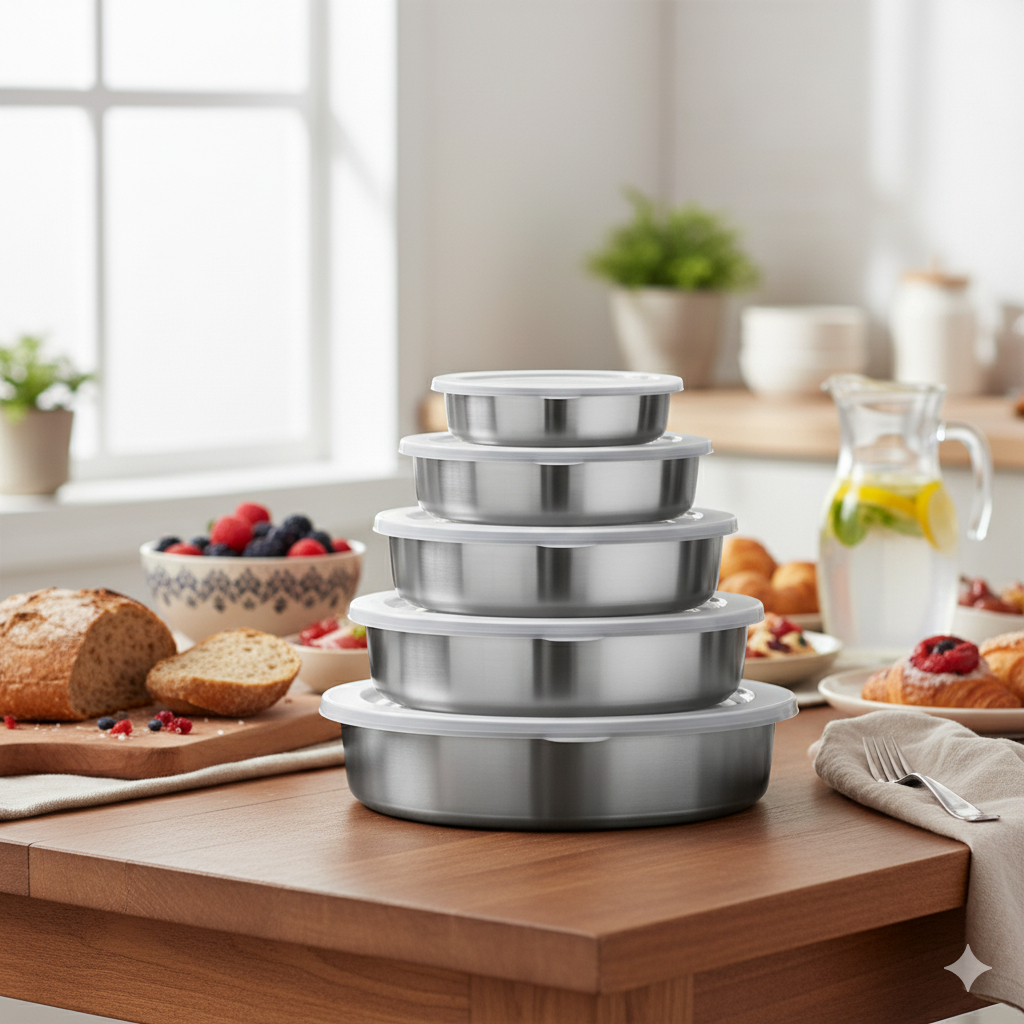 Kit de 5 Potes em Inox Aluminio Com Tampa Redondo Hermético Jogos de Vasilhas Tigelas de Alimentos.