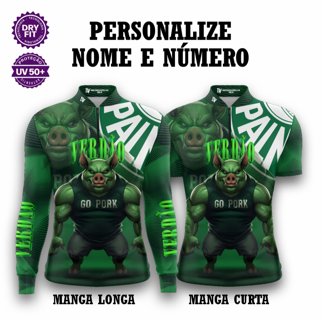 Camisa Zíper Futebol Verde – Unissex UV50+ Premium Personalizada