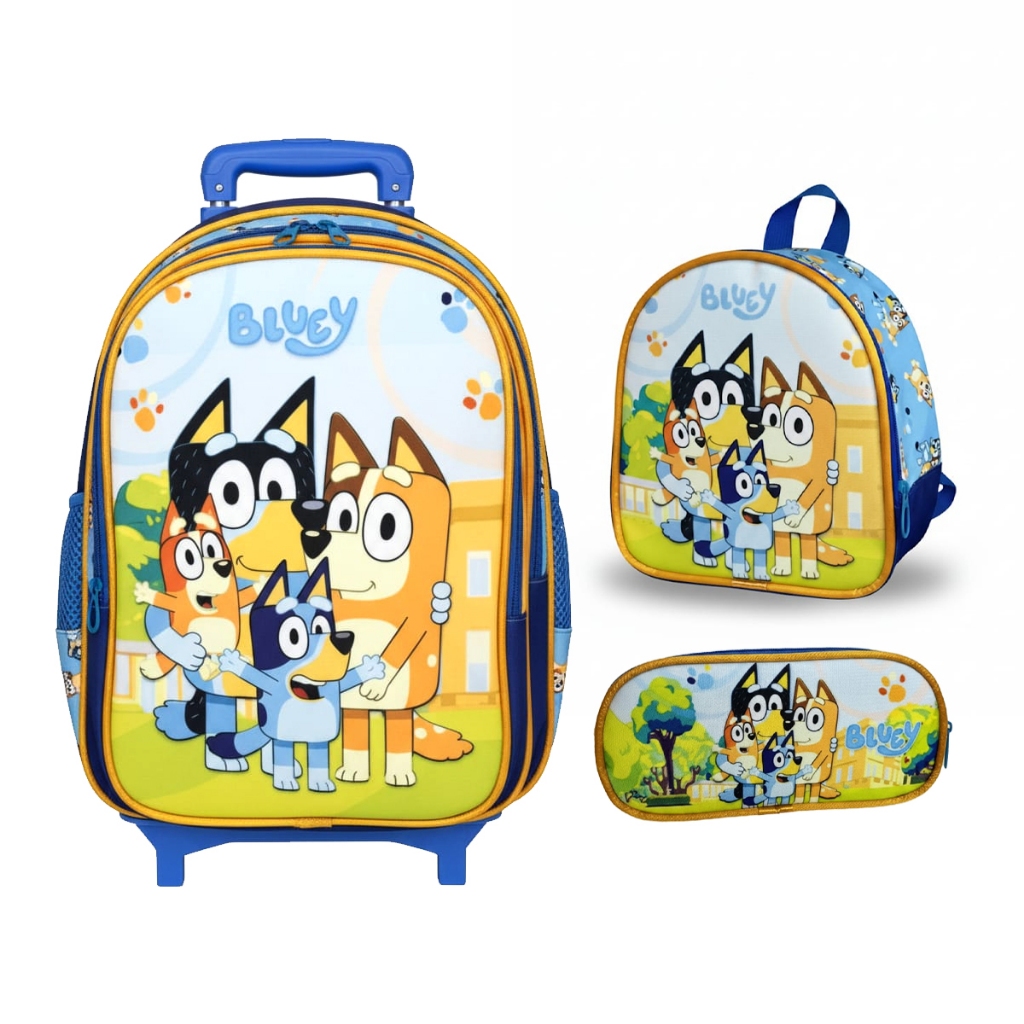 Kit Mochila Escolar Rodinha Estojo Lancheira Bluey E Bingo