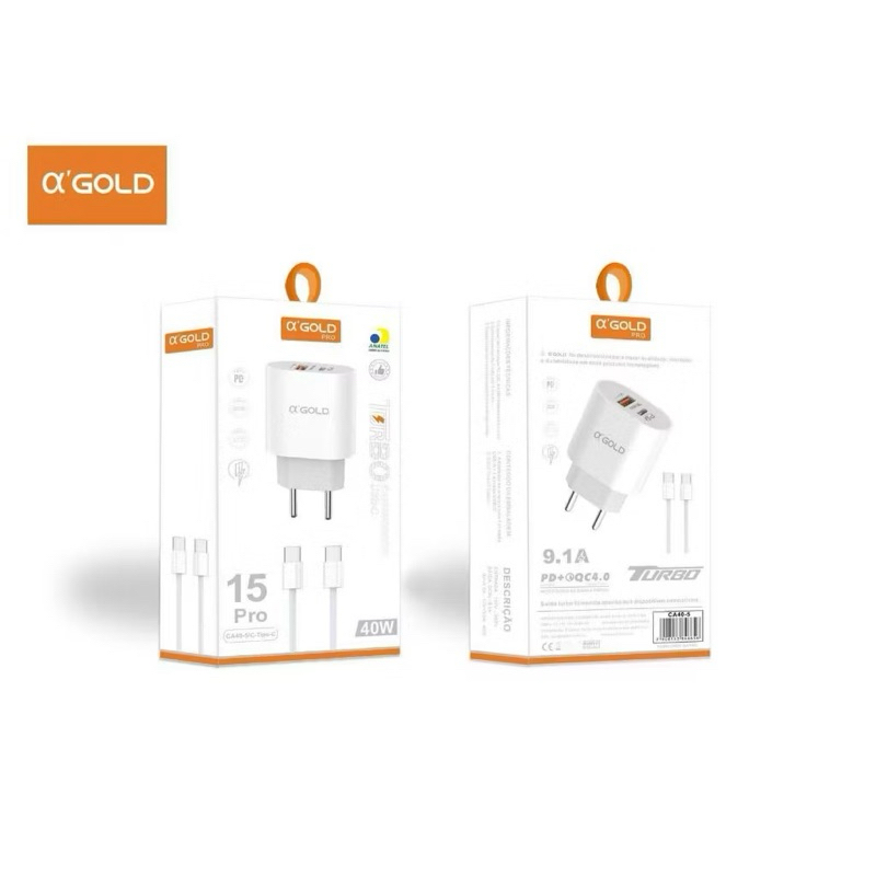 Carregador Turbo 40W Rápido USB + Tipo C | Fonte Dupla | Cabo Tipo C Super Charge