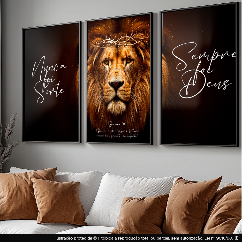 Kit 3 Quadros Decorativos Religiosos Leão – “Nunca Foi Sorte, Sempre Foi Deus” Salmo 46