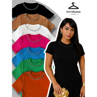 Camiseta Baby Look Feminina Canelada Bordada Com Pedraria Linda Chique