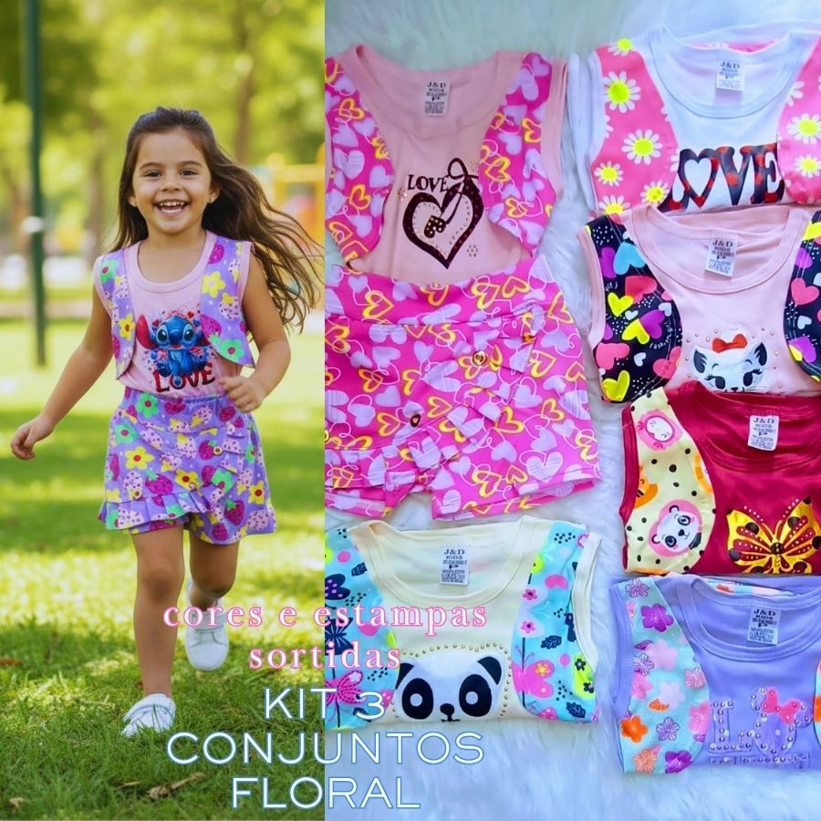 KITS 3 Conjunto Infantil Feminino Menina Blusa e Short Básico Estampado FLORAL 2 a 8 Anos