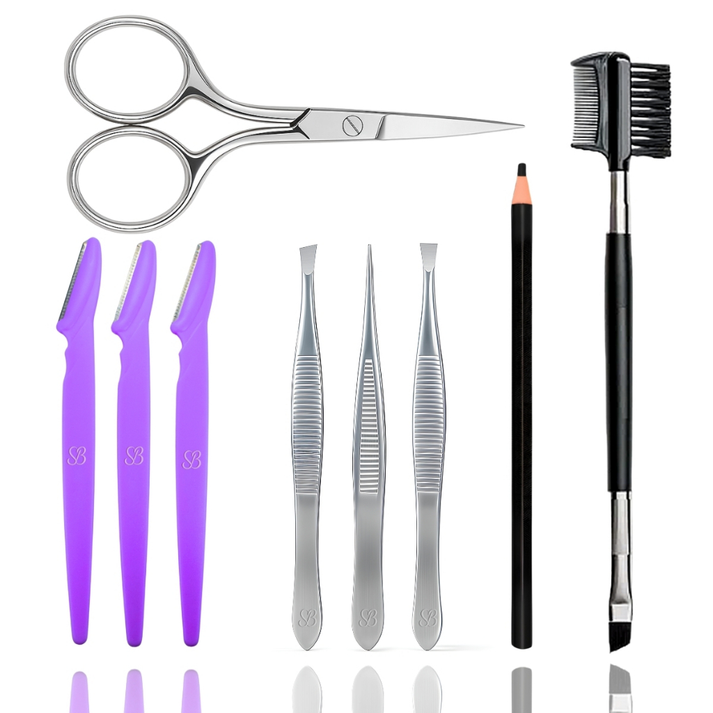 Kit Design de Sobrancelha Profissional Navalha Pinça Tesourinha Lápis Pincel Duplo Chanfrado Pente