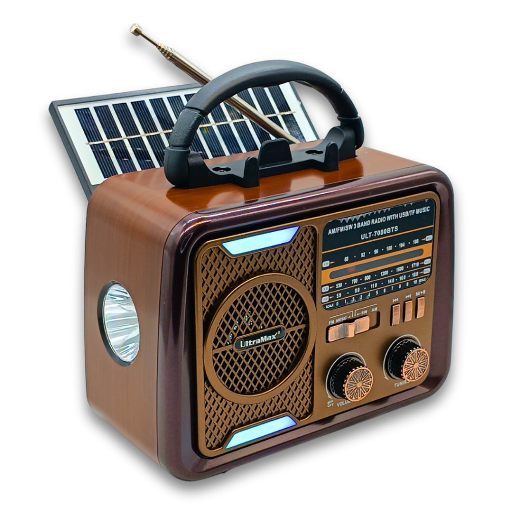 Rádio Retro Caixa de Som Bluetooth RGB Usb Sd Am Fm multimídia Carregador Placa Solar com Lanterna ULT-7080BTS