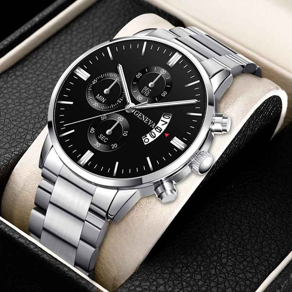 Relógio Masculino Aço Inox Quartz Minimalista Resistente A Agua Correia (ipx4) Prata Bisel Prata Fundo Preto
