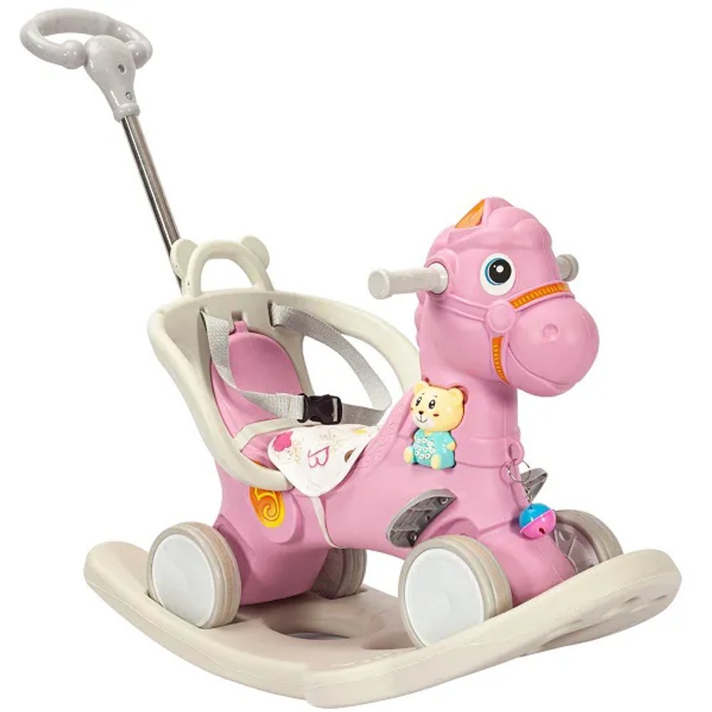 Cavalinho de Passeio e Balanço com Empurrador – Rosa Menina