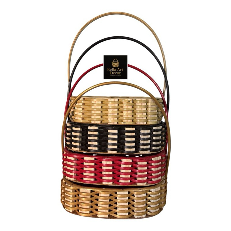 Kit com 10 cestas fraldeira 25x16cm oval de pinus tecida com fita sintetica e alça de fio