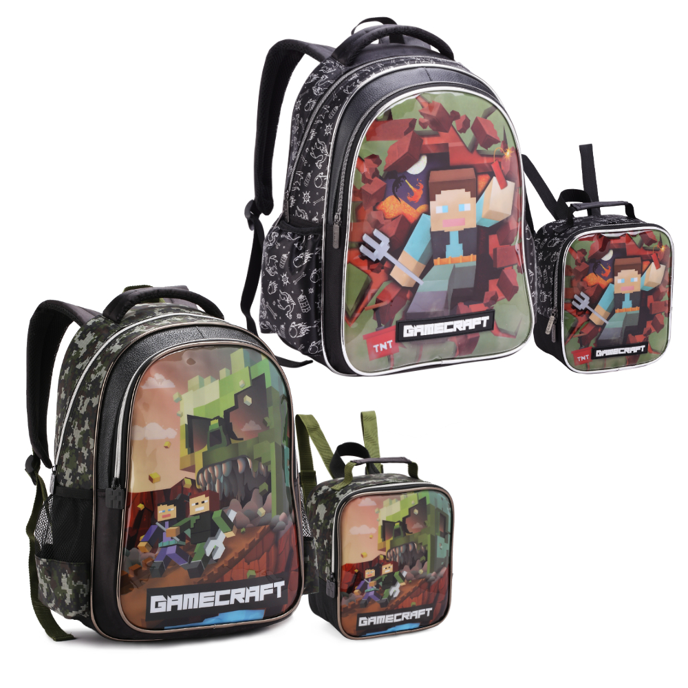 Kit Mochila Escolar Infantil Menino Gamecraft Grande com Lancheira Térmica Masculina Reforçada