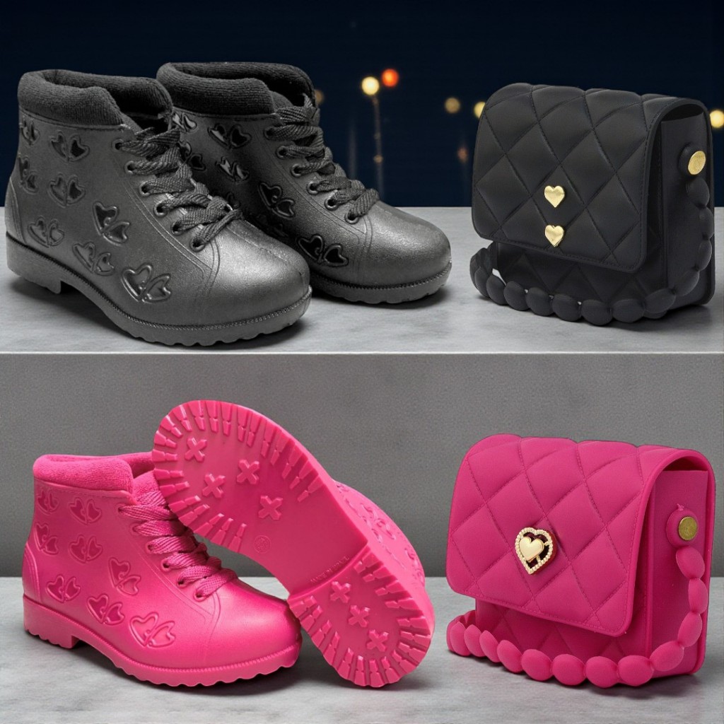 Conjunto Infantil 💕 Bota + Bolsinha Coração | Material Confortável, Resistente e Impermeável