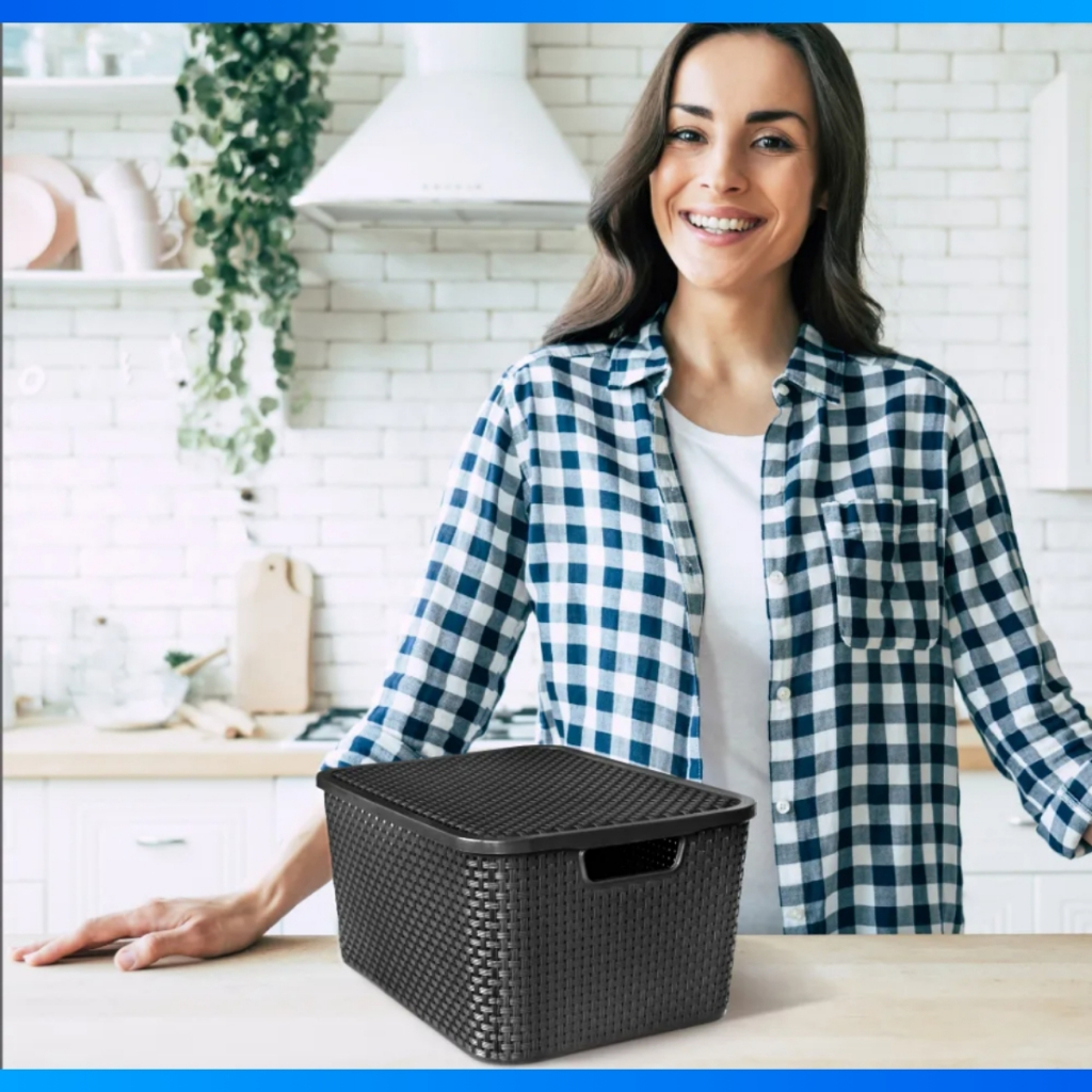 Caixa Organizadora Rattan com Tampa 7 Litros Cesto Empilhável Multiuso Preta Arqplast