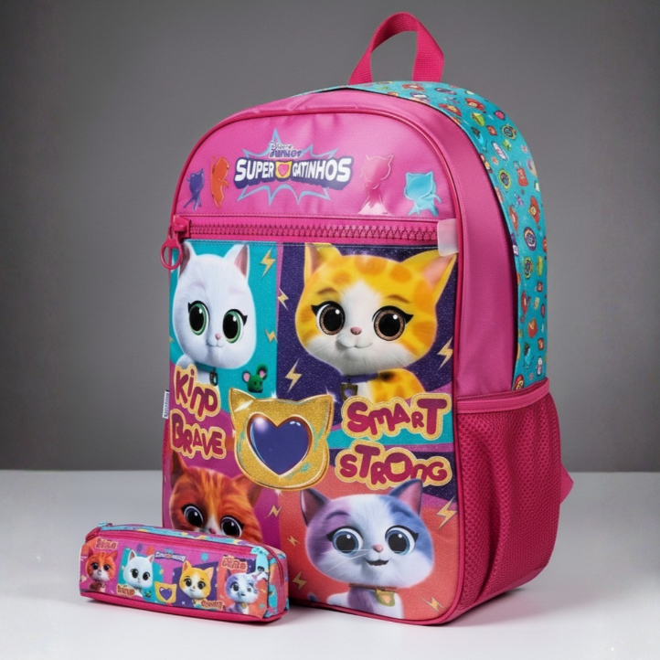 Kit Conjunto Escolar Super Gatinhos Mochila De Costas + Estojo Duplo Penal