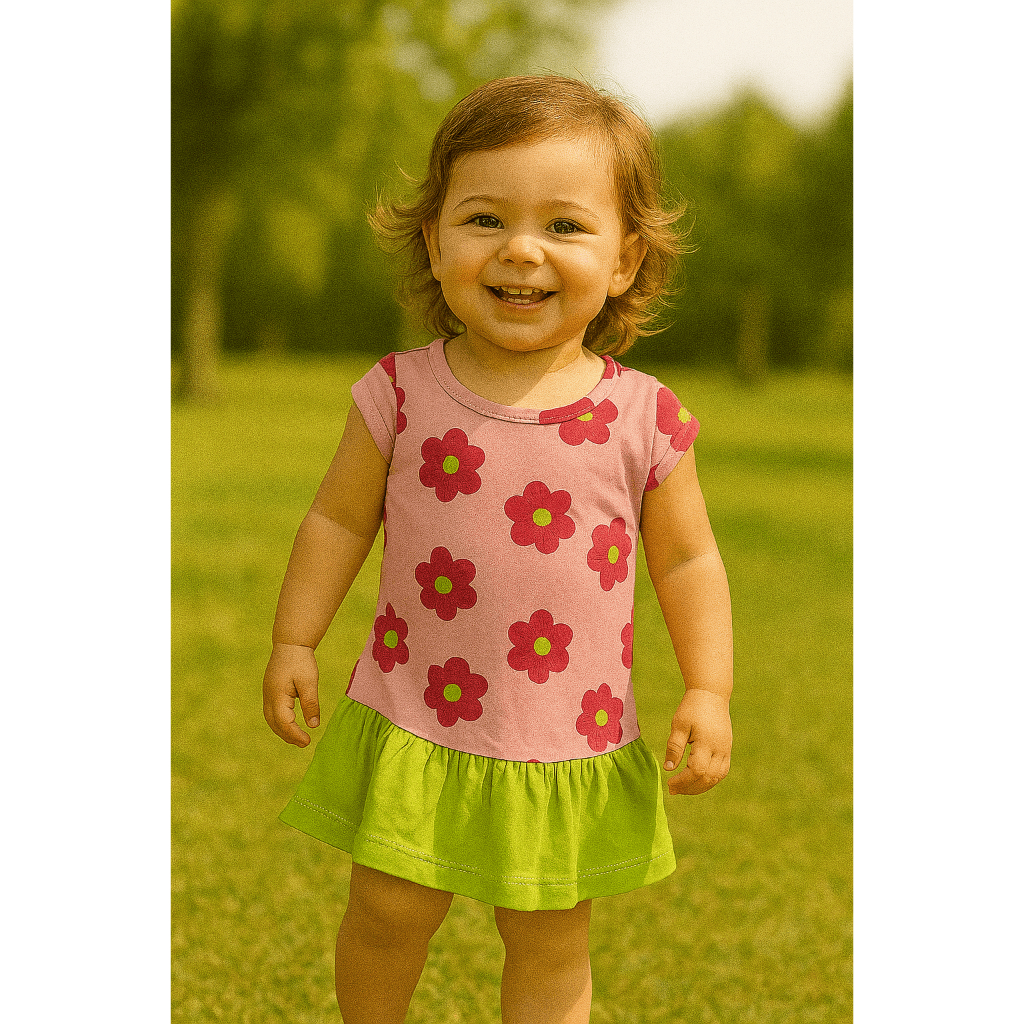 Conjunto Body Infantil Feminino com Saia Verde - Estampa Floral - Verão e Calor - Passeio e Escola Diversão