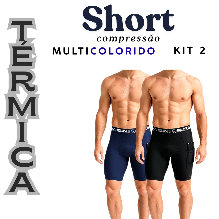 Bermuda de Compressão com Bolso para Celular PRETO/MARINHO Térmica Masculina Fitness Tecido Premium