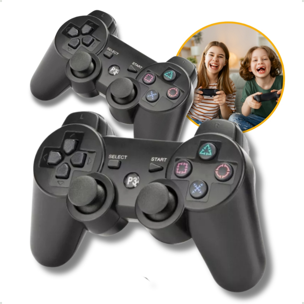 Kit 2 Controles Ps3 Joystick Com Fio Ergonômico Plug And Play Console Preto