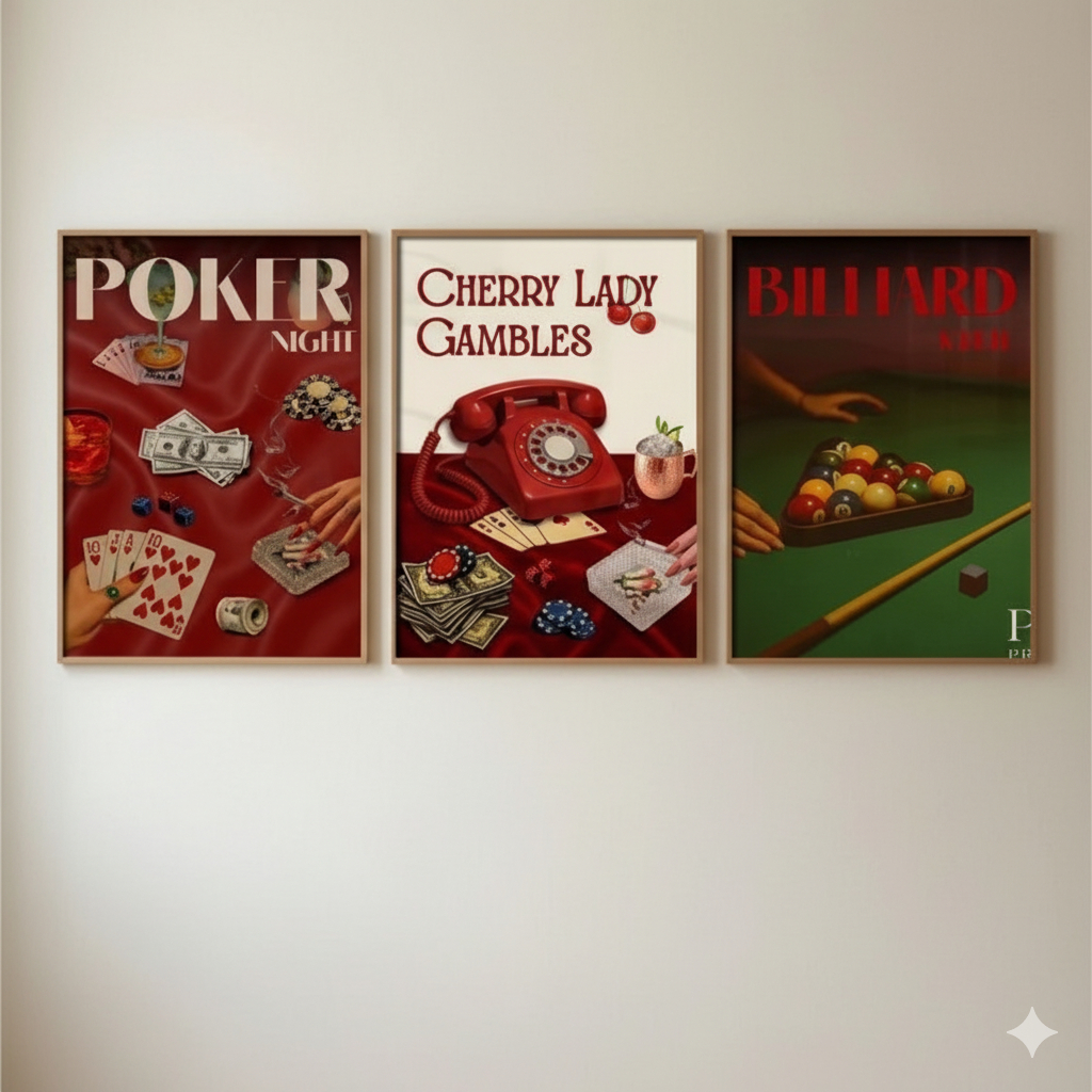 Quadros decorativos Noite de Poker, Cherry Lady Gambles e Bilhar - Vintage Cassino (3 peças)