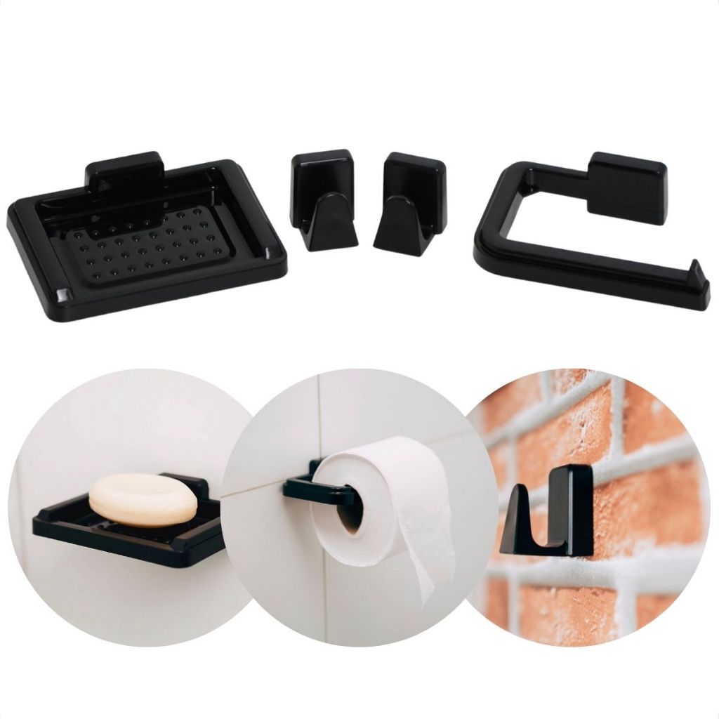 Kit Banheiro 4 Peças Porta Papel Higiênico + Saboneteira + 2 Ganchos em Oferta na Shopee