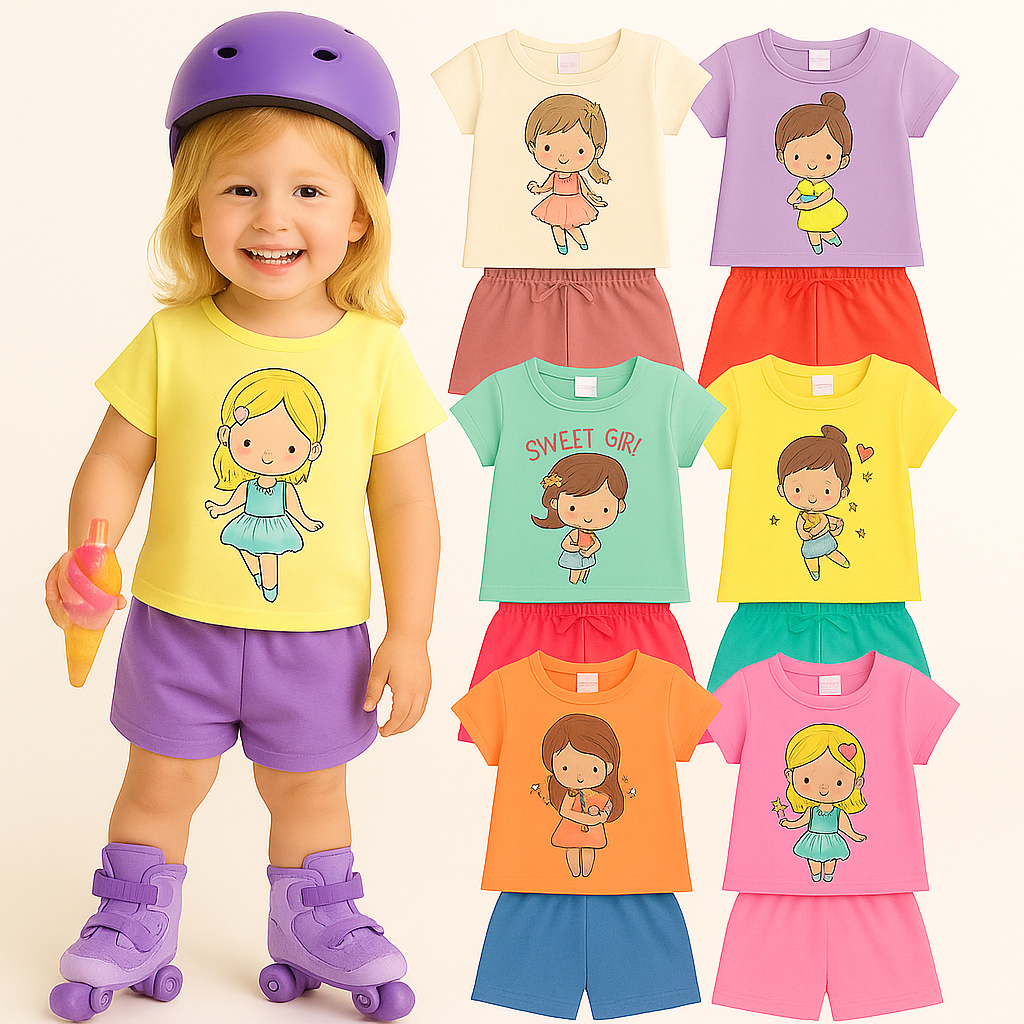 Kit 4 Peças Premium Infantil Menina Verão 2 ao 8- Conjunto Feminino- Kit 2 Conjuntos Verão Sortidos