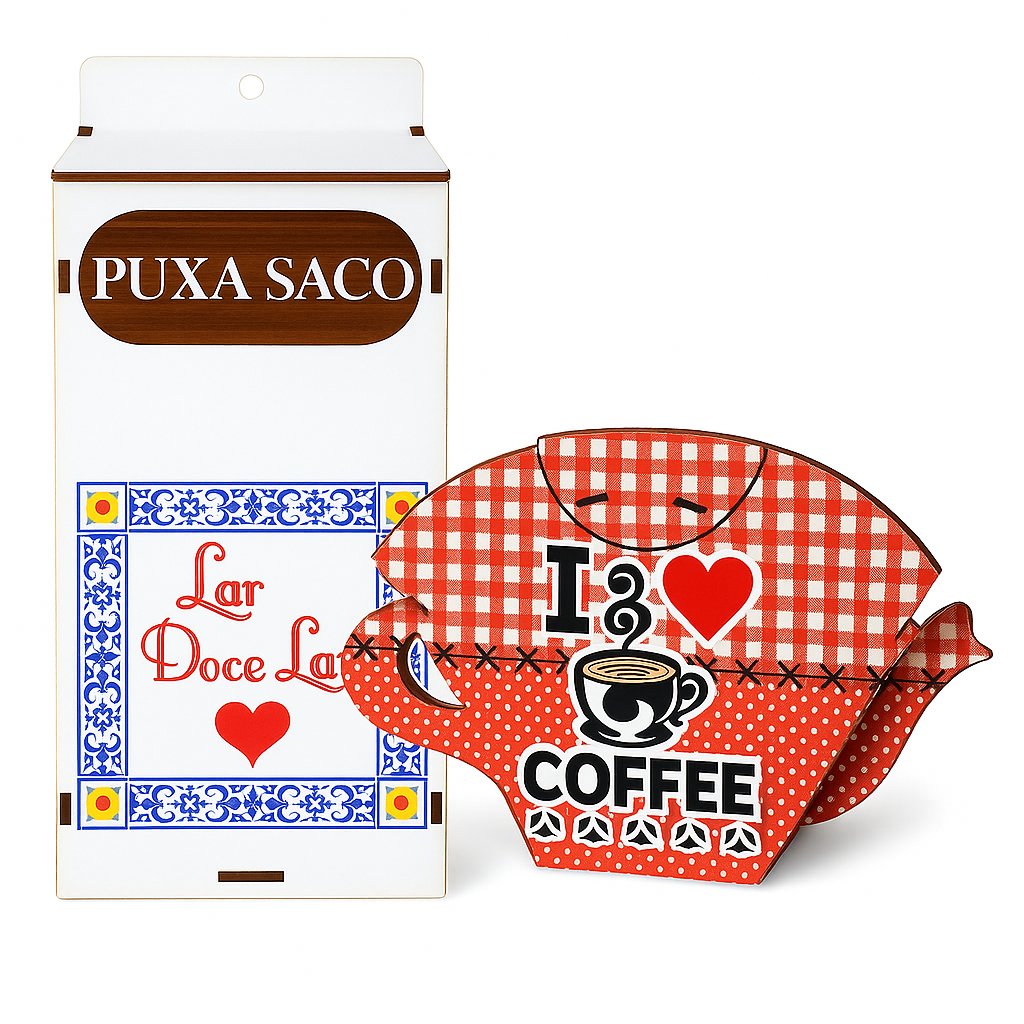 Kit Puxa Saco Lar Doce Lar + Porta Filtro de Café I Love Coffee – Decoração para Cozinha em MDF