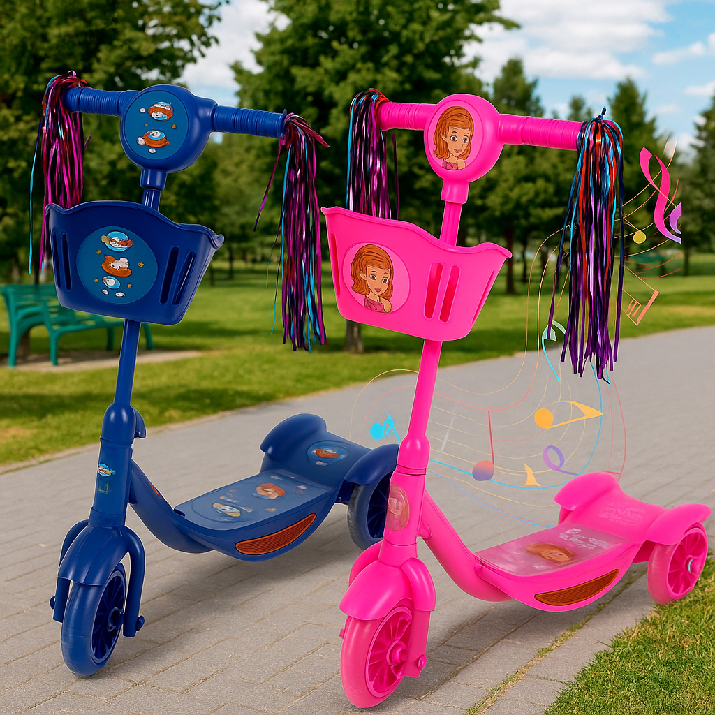 Patinete Infantil 3 Rodas Cestinha Led Luz Som Ajustavel Equilibrio Estavel Brinquedo Diversao