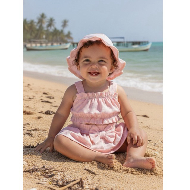 Conjunto rosa infantil Banho de Sol Bebê Menina 3 Peças Top + Calcinha + Chapéu Look Verão Estiloso look praia