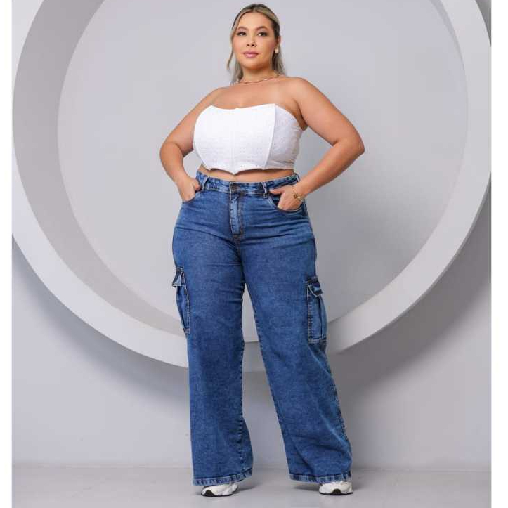 Calça Jeans Feminina Wide Cargo Premium  Plus Size Casual Tendençia Elegante Estilosa Moderna Festas em Oferta na Shopee