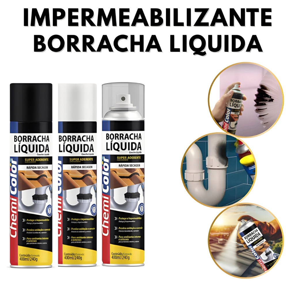 Borracha Líquida Spray Impermeabilizante Veda Trincas, Goteiras e Vazamentos 400ml Preto/Branca/Transparente