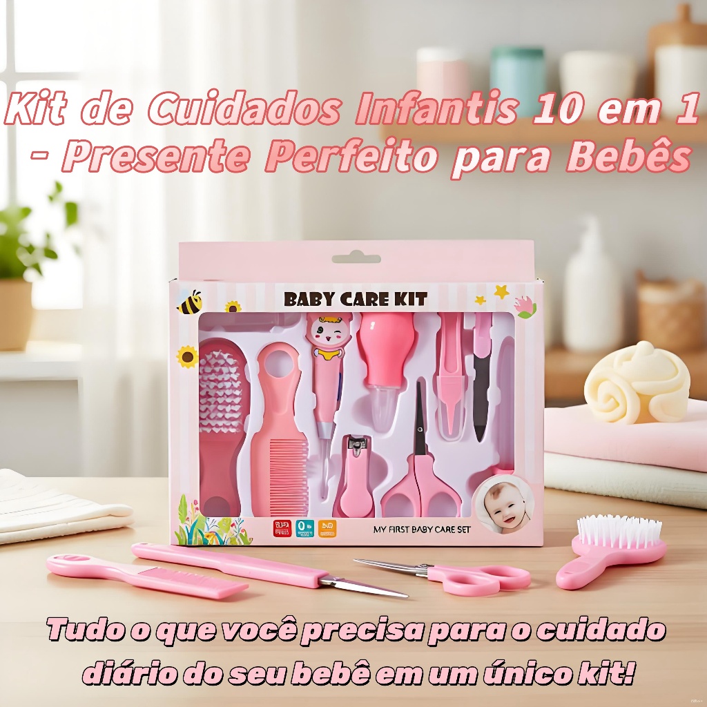 Kit Higiene Infantil 10 Peças com Estojo - Cortador de Unhas, Pente | Presente Chá de Bebê