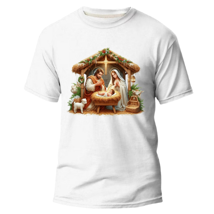 Camiseta Natal Adulto e Infantil Camisa Feliz Natal Sagrada Familia Camiseta Leve e Confortável Malha 100% Algodão