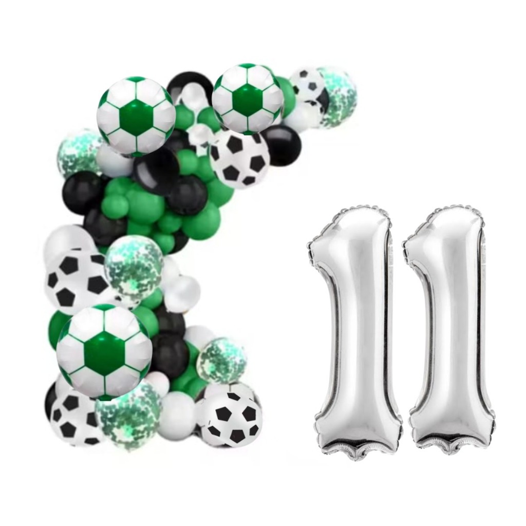 Kit futebol arco descontruído + numero 70 cm com 120 balões nas cores  branco verde e com confete e balões metalizado em Oferta na Shopee