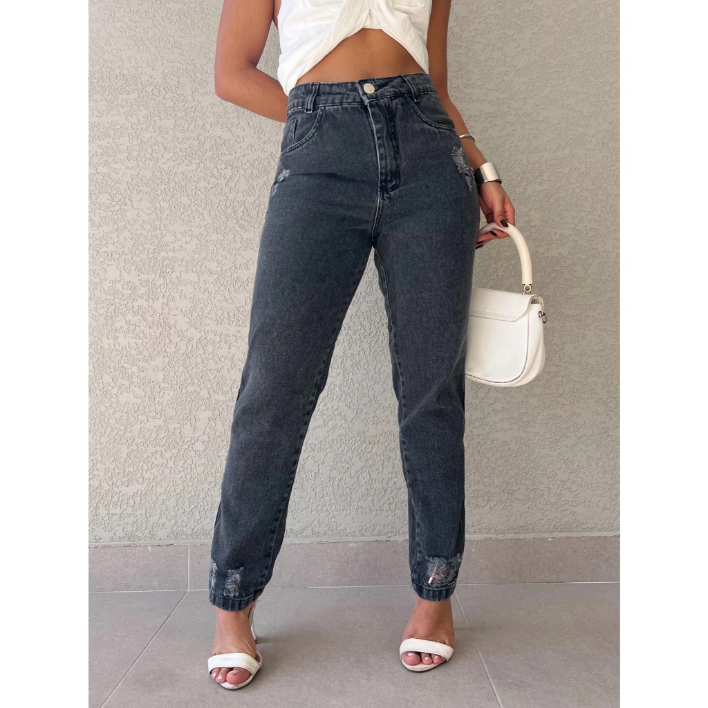 Kissmelady 8395 8419 Calça Jeans Mom Feminina Sem Elastano com Lantejoulas e Bolsos Reais em Oferta na Shopee