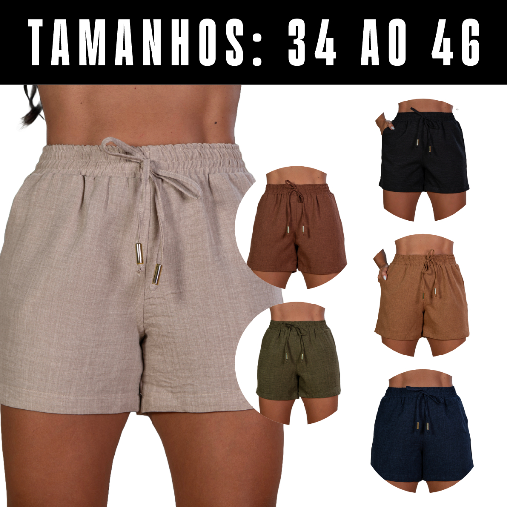 Short Bermuda Feminina de Linho Rústico com Cintura Alta  Elástico Bolso Confortável Para  Dia a Dia em Oferta na Shopee