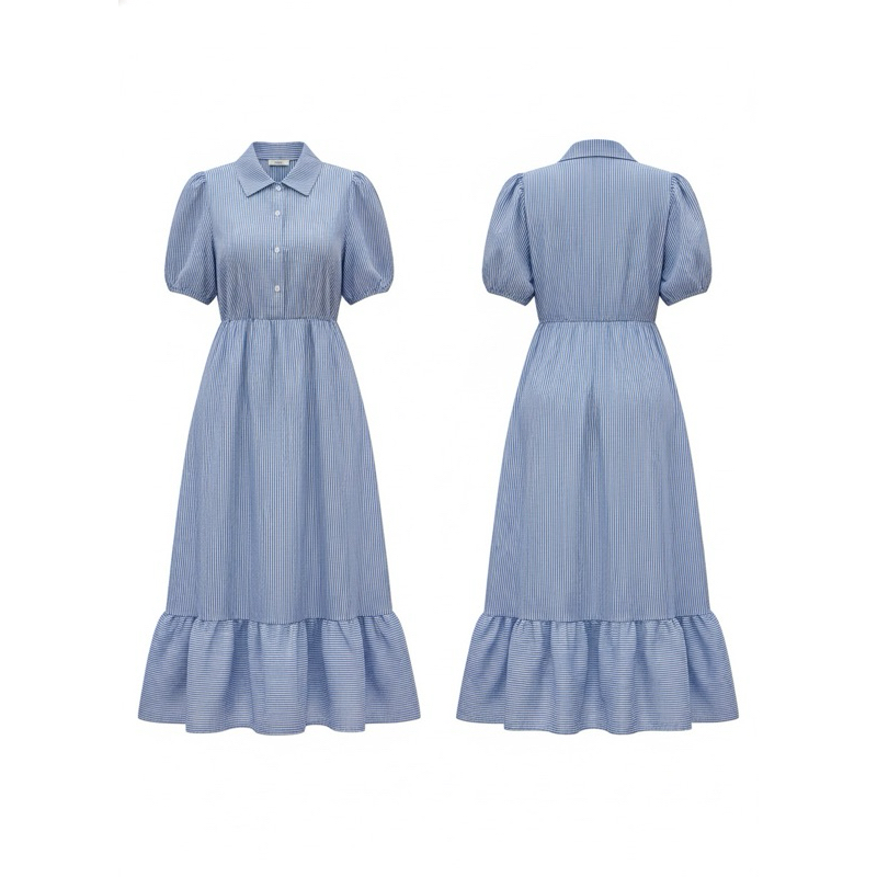 Vestido Midi Plus Size Social Elegante Listrado Gola Estruturada Manga Bufante Manga Princesa Midi Listras acinturado