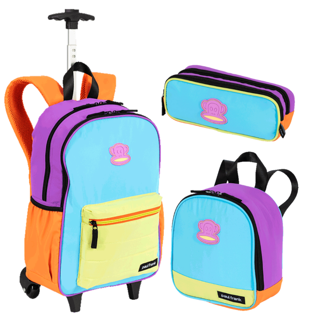 Kit Escolar Paul Frank Authentic Orange Mix | Mochila de Carrinho + Estojo 2 Compartimentos + Lancheira Térmica