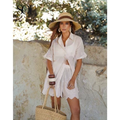 Veste Praia Sol Praia Renda Detalhe, Conjunto Blusa e Short, Verão Praia Estilo Boho Chic, Várias cores.