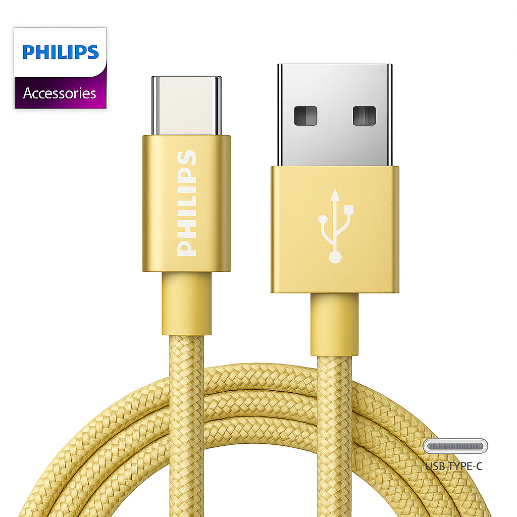 Cabo Usb Turbo Tipo C Philips Original Carregamento Rapido 1.2 Metro Série Premium Alumínio Dourado