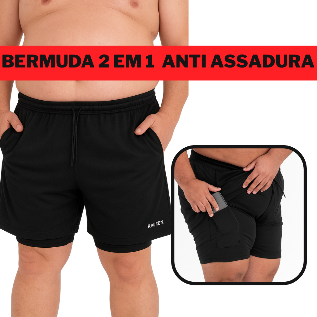 Bermuda 2 em 1 plus size g1 g2 g3 shorts camada dupla com compressão anti assadura