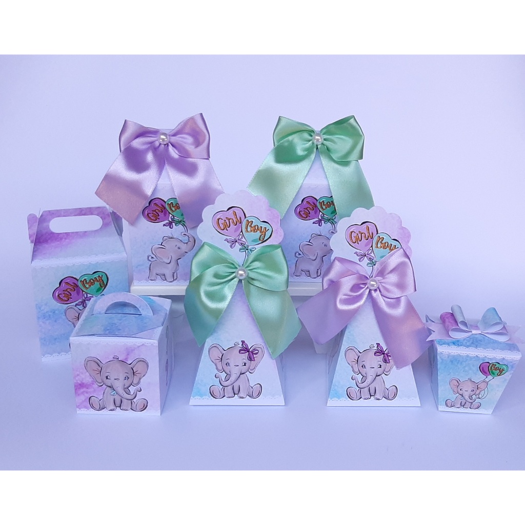 Kit Festa CHÁ REVELAÇÃO ELEFANTINHOS Pegue e Monte | Caixinhas Personalizadas | Lembrancinhas para Chá de Bebê