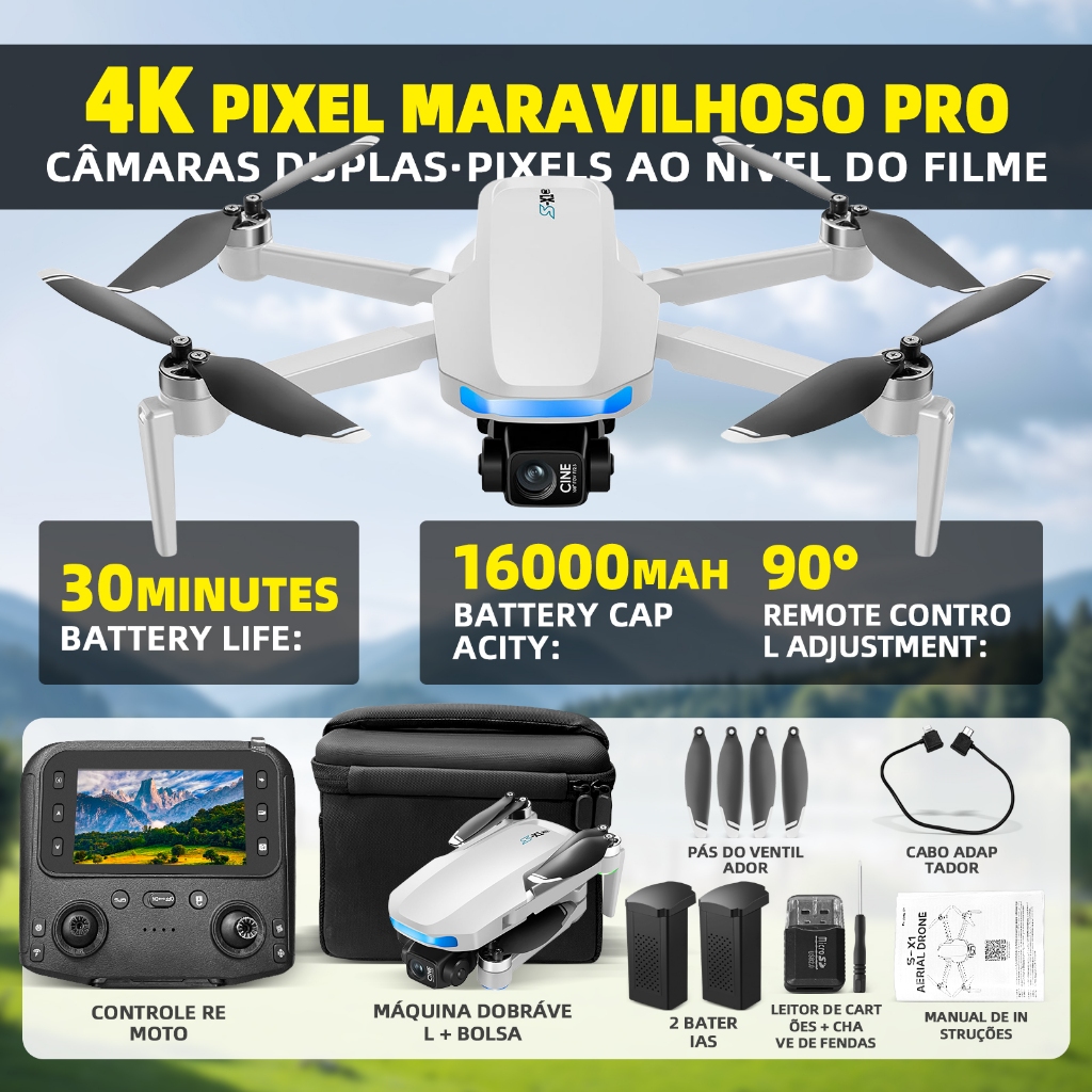 Drone GPS S-X1 Dobrável com Câmera 4K Dupla, Motor Sem Escova, Alcance 500m para Fotografia Aérea em Oferta na Shopee