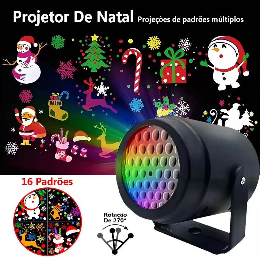 Mini Projetor 16 Modos De Imagens Natalinas 3D Decorações Natal Festivo Festa Dinâmica Holográfica USB