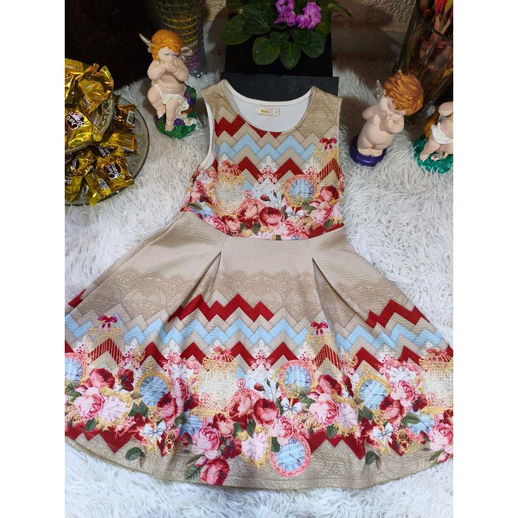 Vestido Infantil Feminino, Modelo Regata, Malha Bege estampado, Tam: 10, Marca: Dmbauer