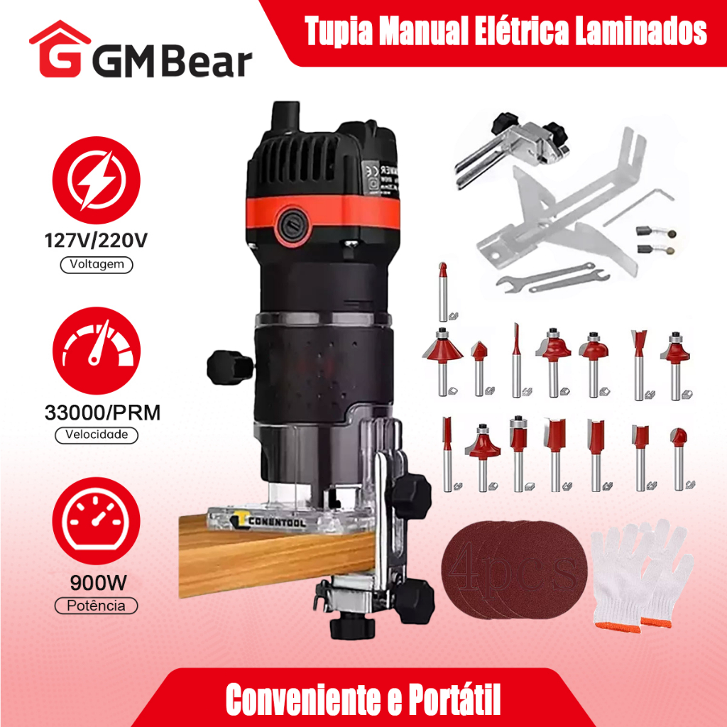 GM Bear Tupia Laminadora Manual 900W Profissional + Jogo de 20 Fresas 6.35mm  com Acabamento Profissional