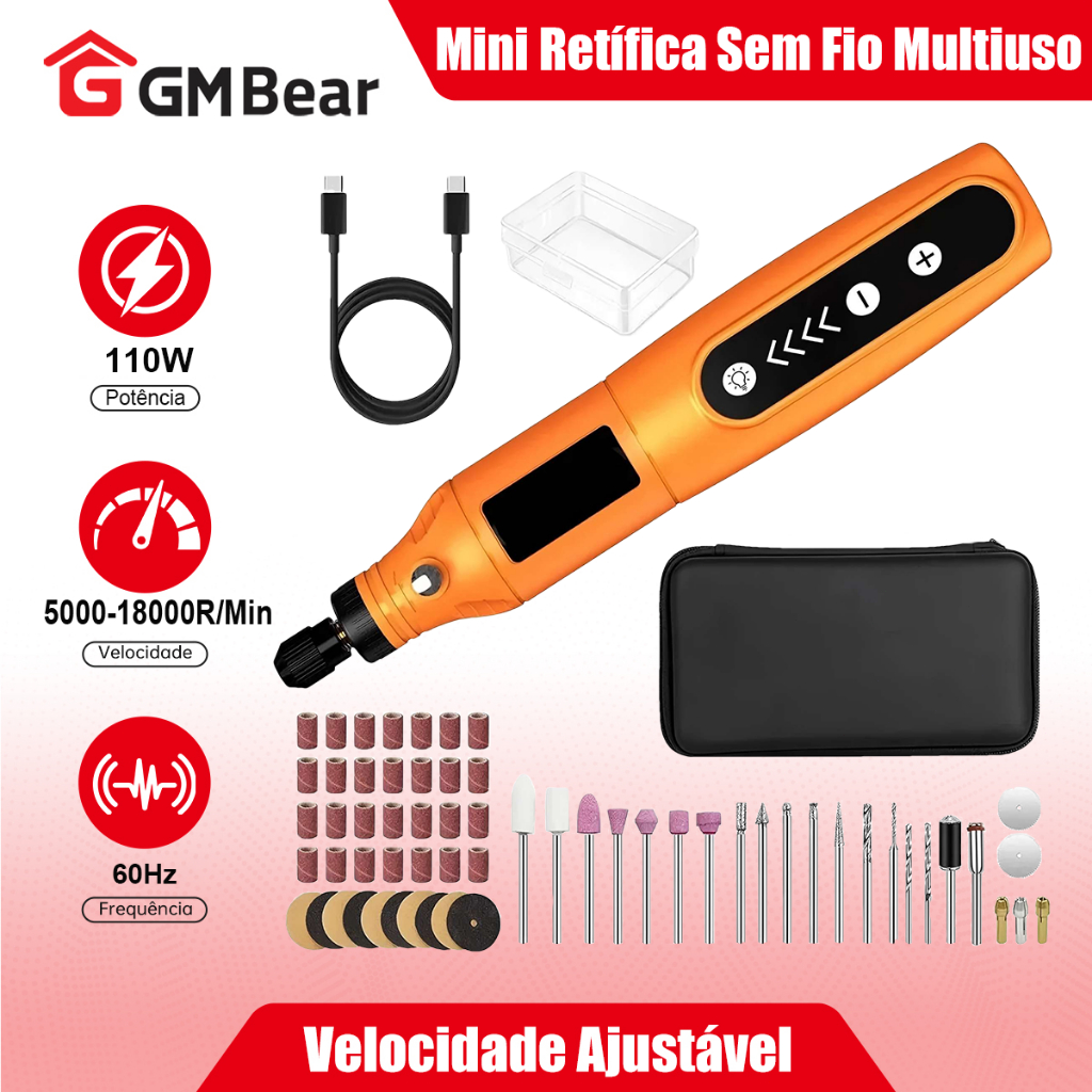 GM Bear Mini Micro Retífica Sem Fio Multiuso - Ferramenta Rotativa com 66 Acessórios para Uso Versáti