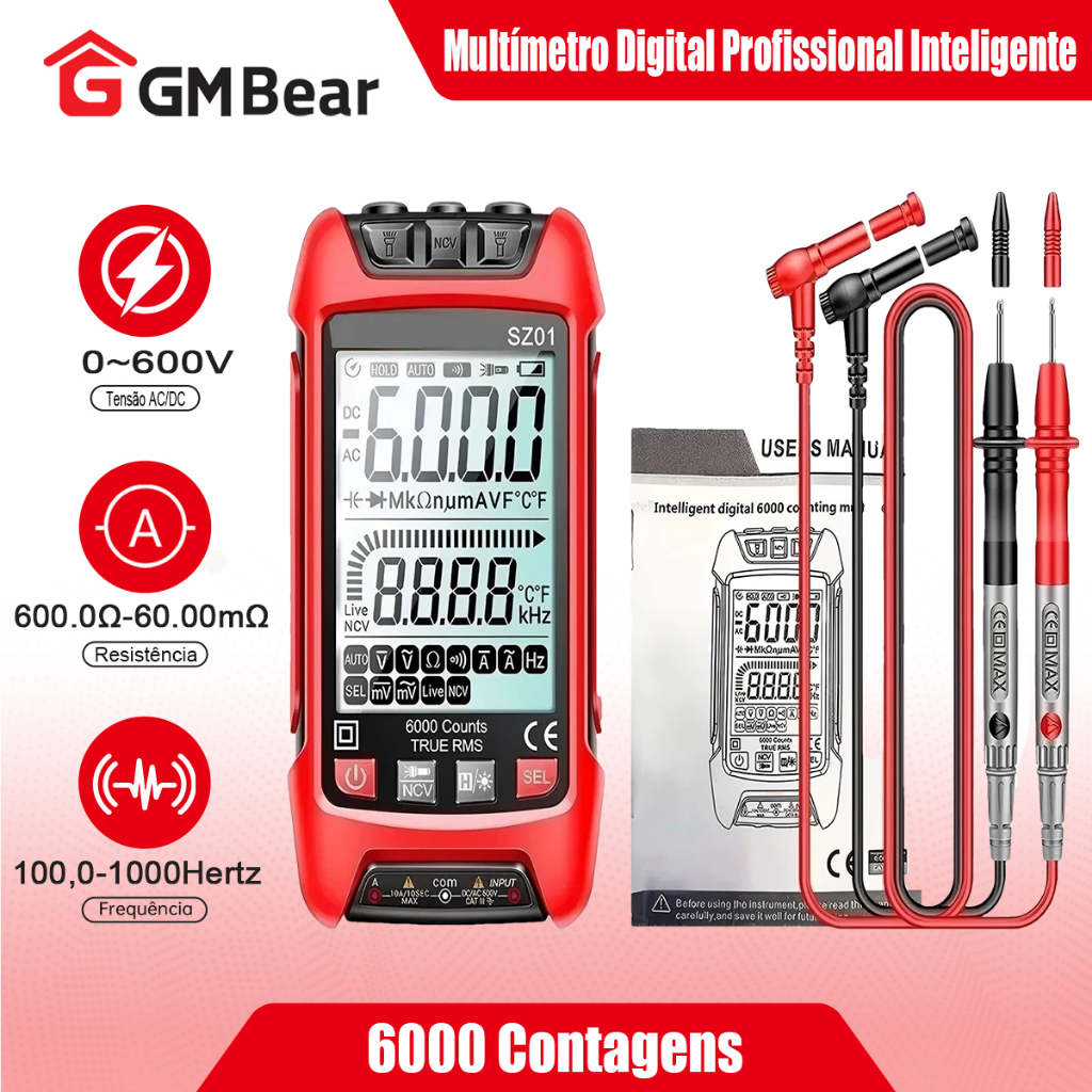 GM Bear Multímetro Digital Inteligente 6000 Contagens - Anti-queima,Automático, Precisão e Facilidade de